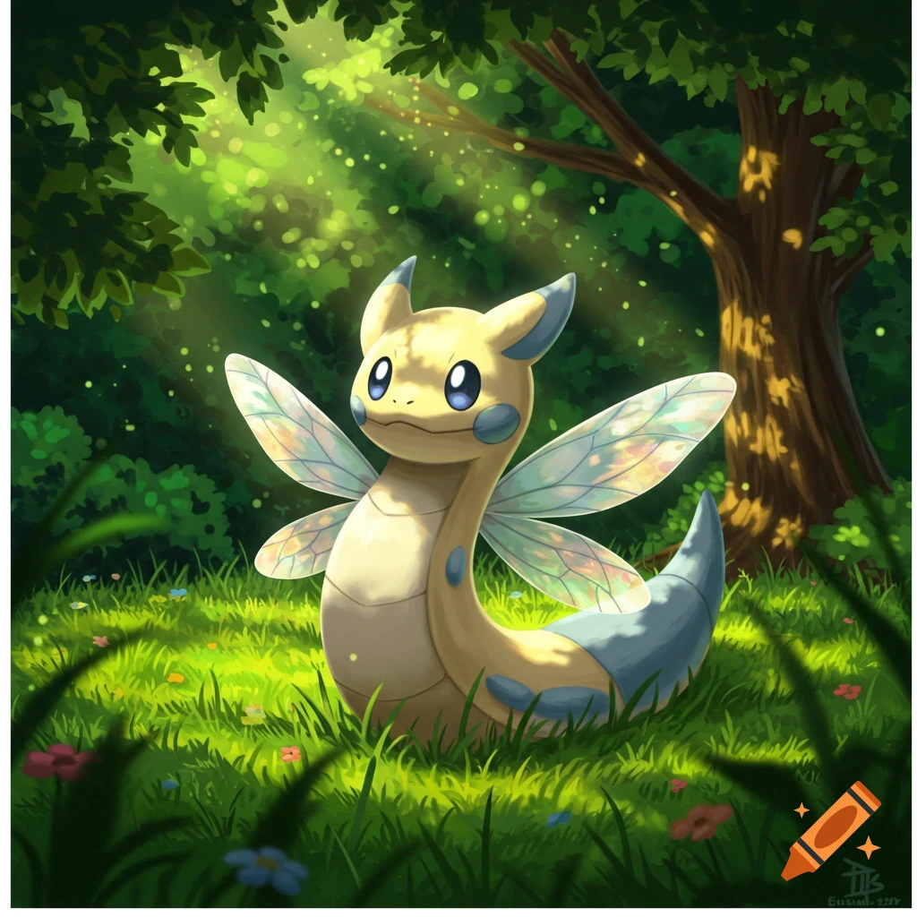 A cute, winged Dunsparce Pokémon sits in a sun-dappled green forest, illustrated.