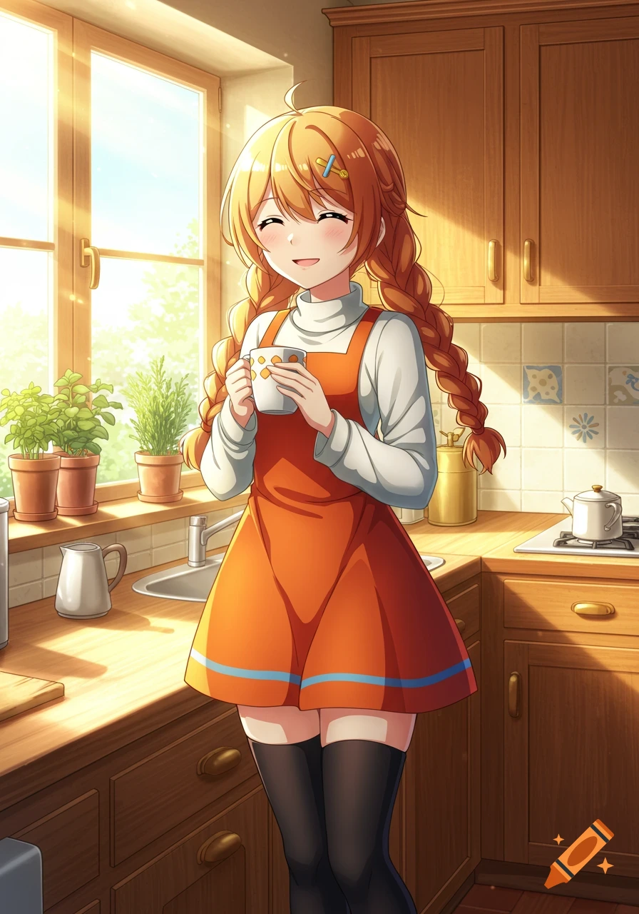 Anime-style illustration of a cheerful young woman with braids, holding coffee in a sunny kitchen.