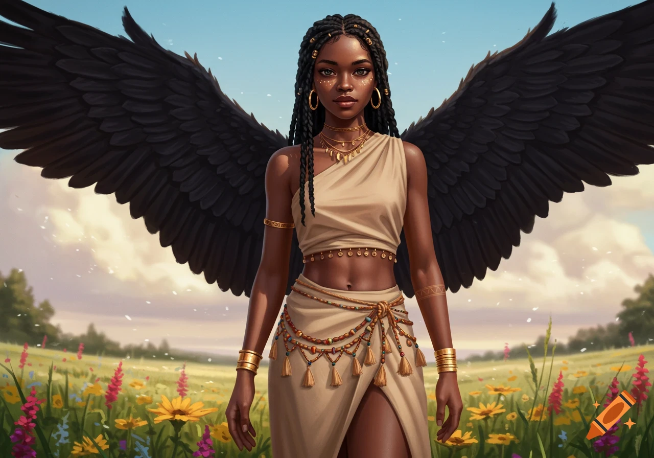 A dark-skinned woman with black braids and large black wings stands in a field of colorful flowers, wearing a tan crop top and skirt with gold jewelry.
