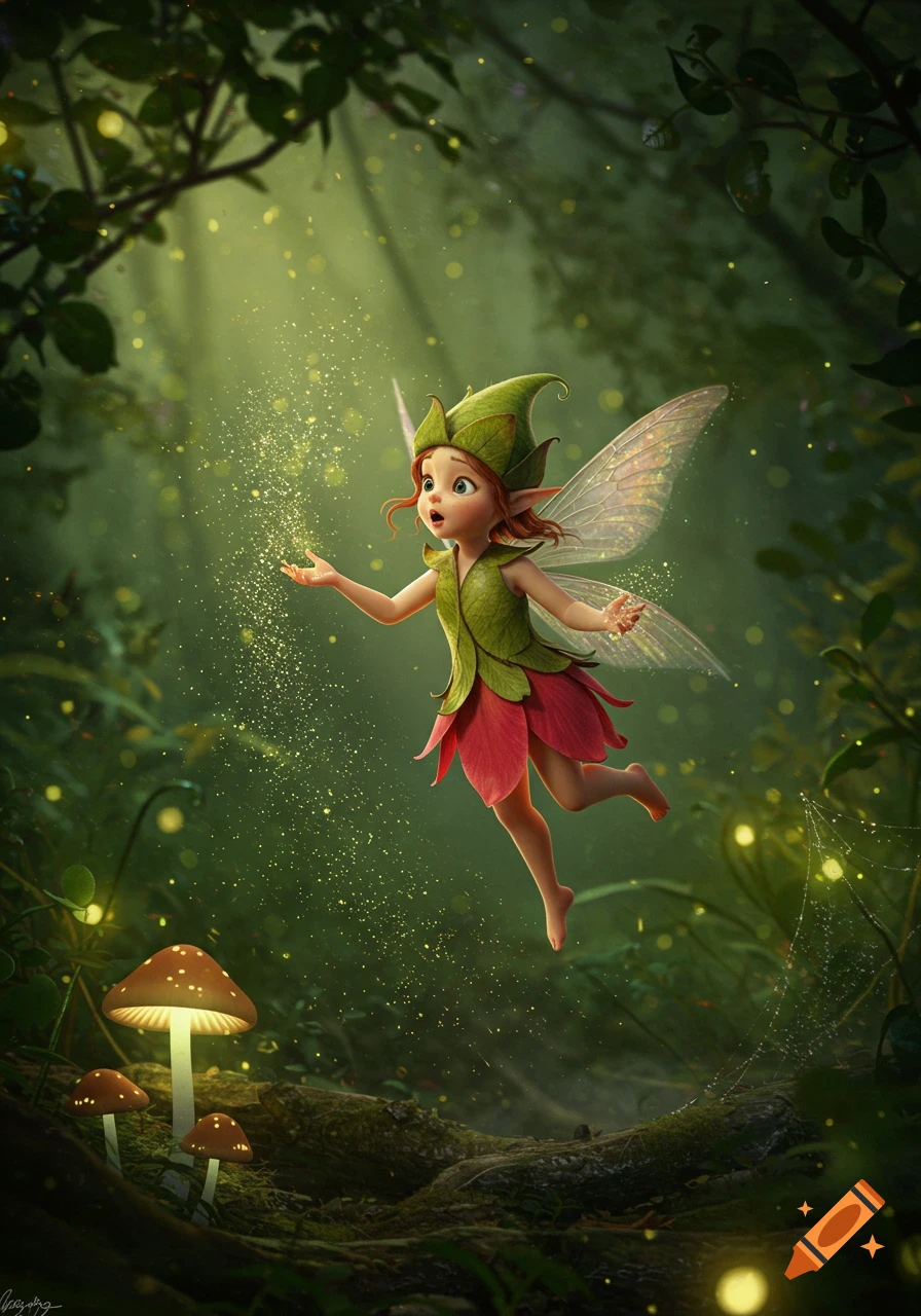 A surprised cartoon pixie in leaf attire floats in a magical forest, surrounded by golden glowing dust and luminous mushrooms.