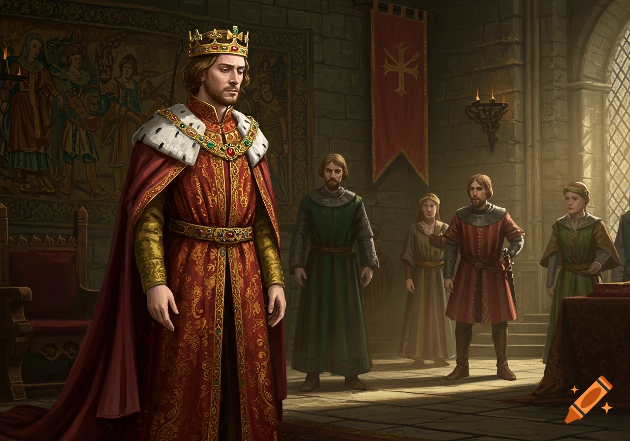 A solemn king in ornate red and gold robes and a crown stands in a medieval castle hall with several people in the background.