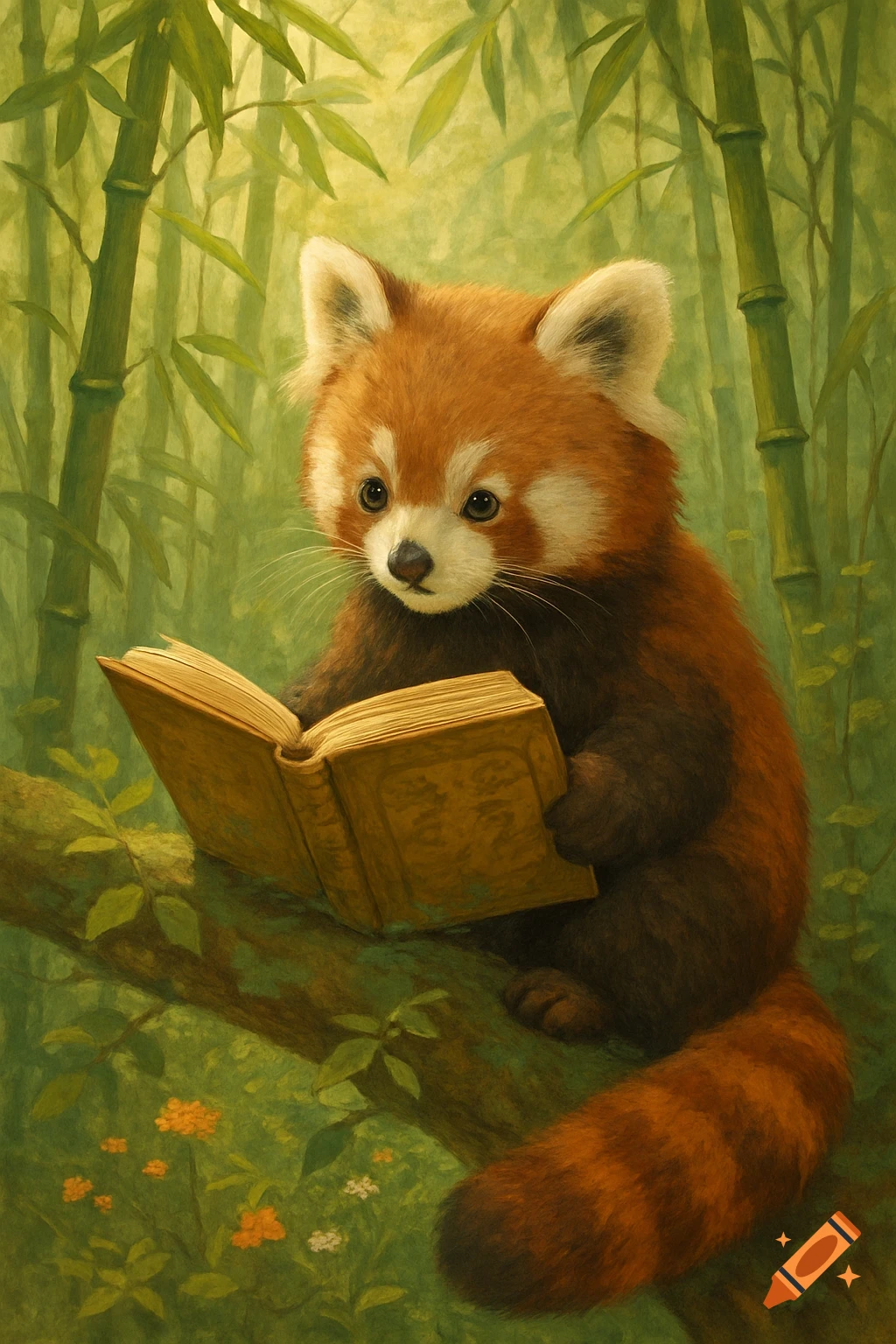 A cute red panda sits on a tree branch, reading an open book in a verdant bamboo forest, in a whimsical painterly style.