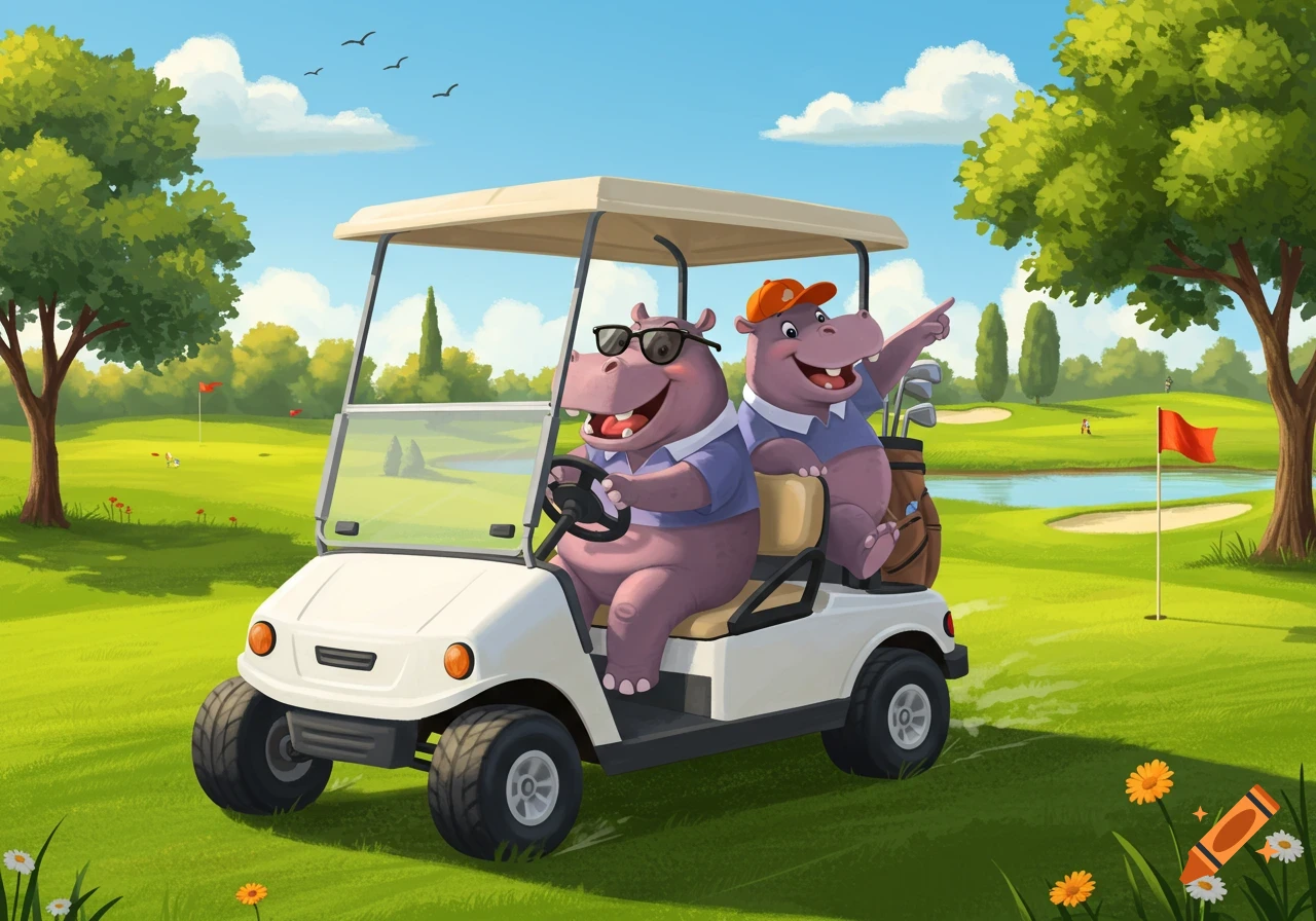 Cartoon illustration of two happy hippos driving a golf cart on a sunny golf course.