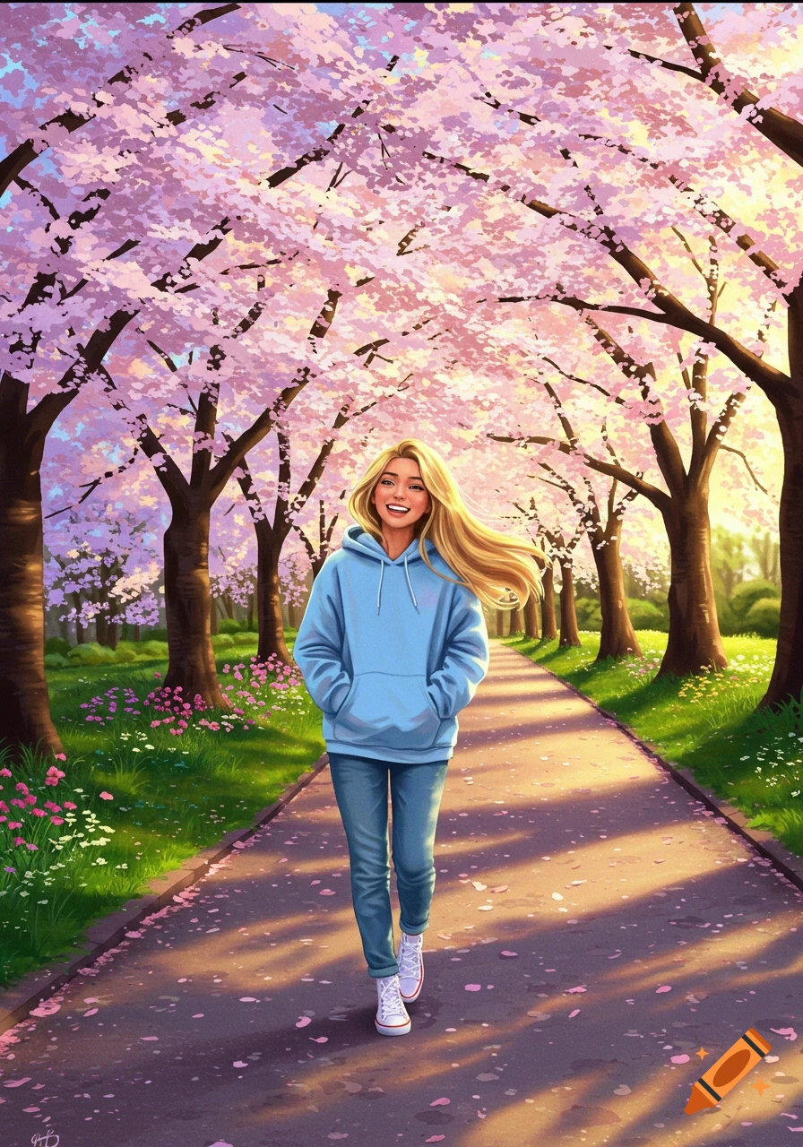 An illustration of a blonde woman in a blue hoodie and jeans walking on a path under blooming pink cherry blossom trees.