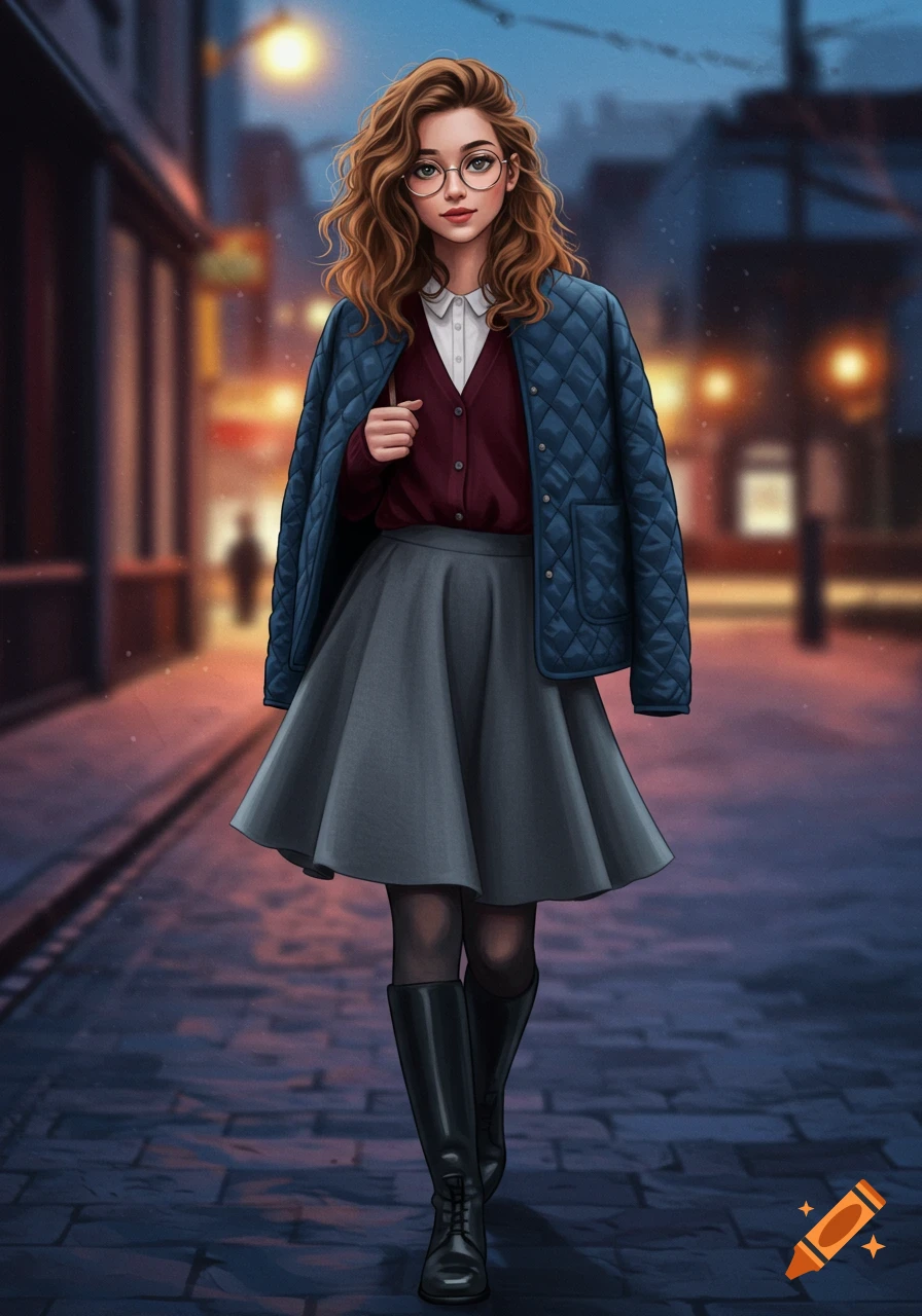 A young woman with wavy hair and glasses, wearing a blue quilted jacket, red cardigan, gray skirt, and black boots, walks on a cobblestone street at dusk in a digital art style.