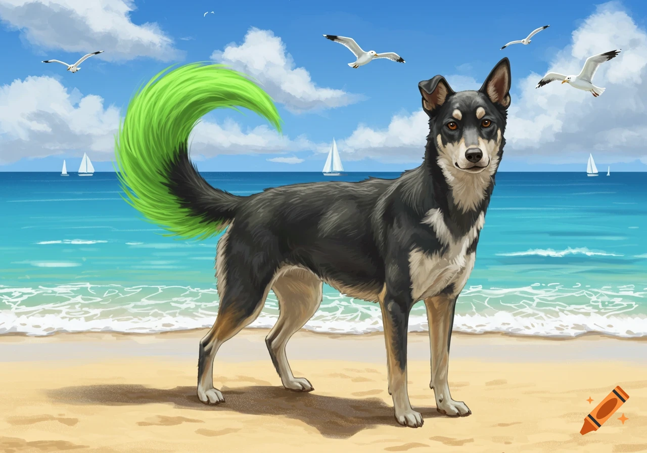 An illustration of a black and white dog with a bright green curly tail standing on a sandy beach. The ocean, sailboats, and seagulls are in the background.