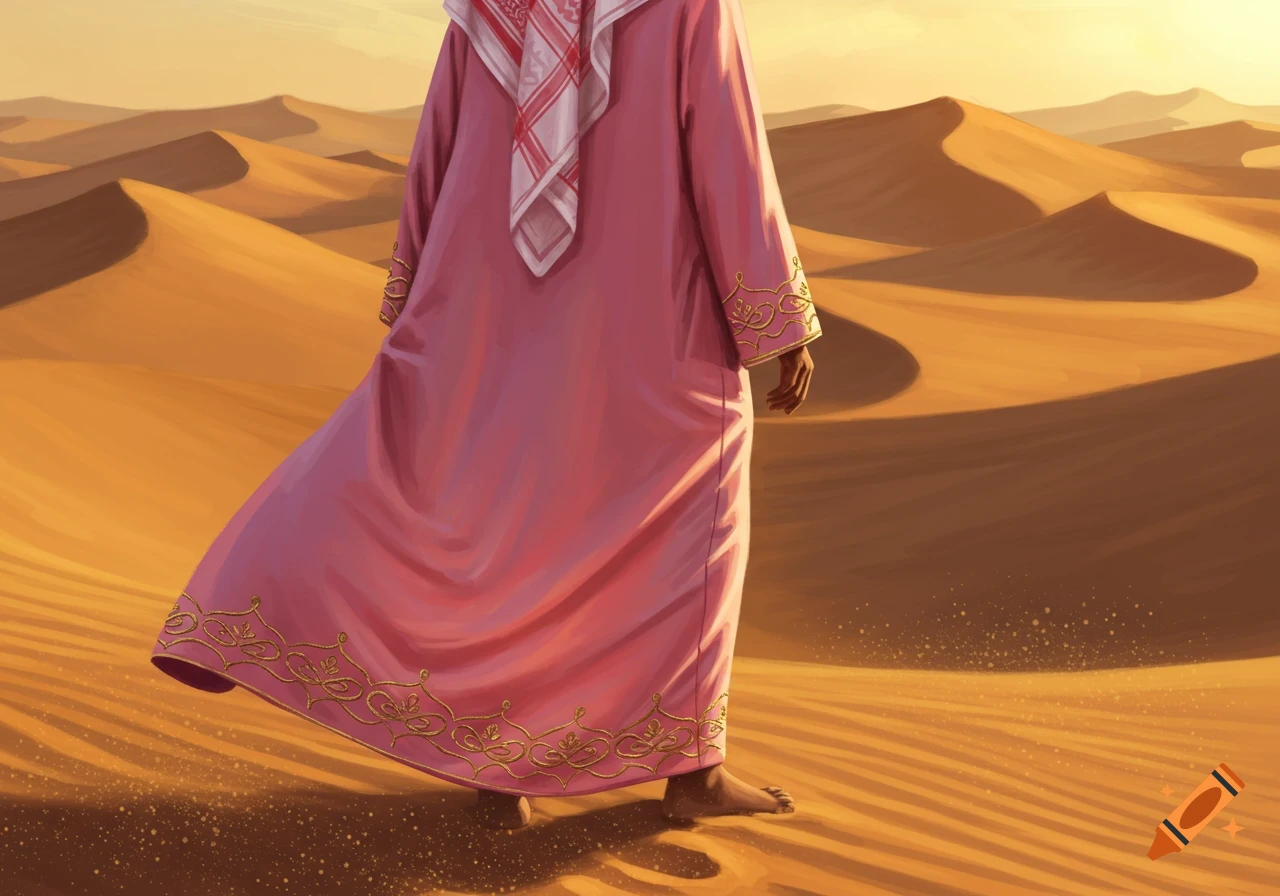 A person in a flowing pink thobe and keffiyeh walks barefoot across sand dunes in a desert landscape at sunset.
