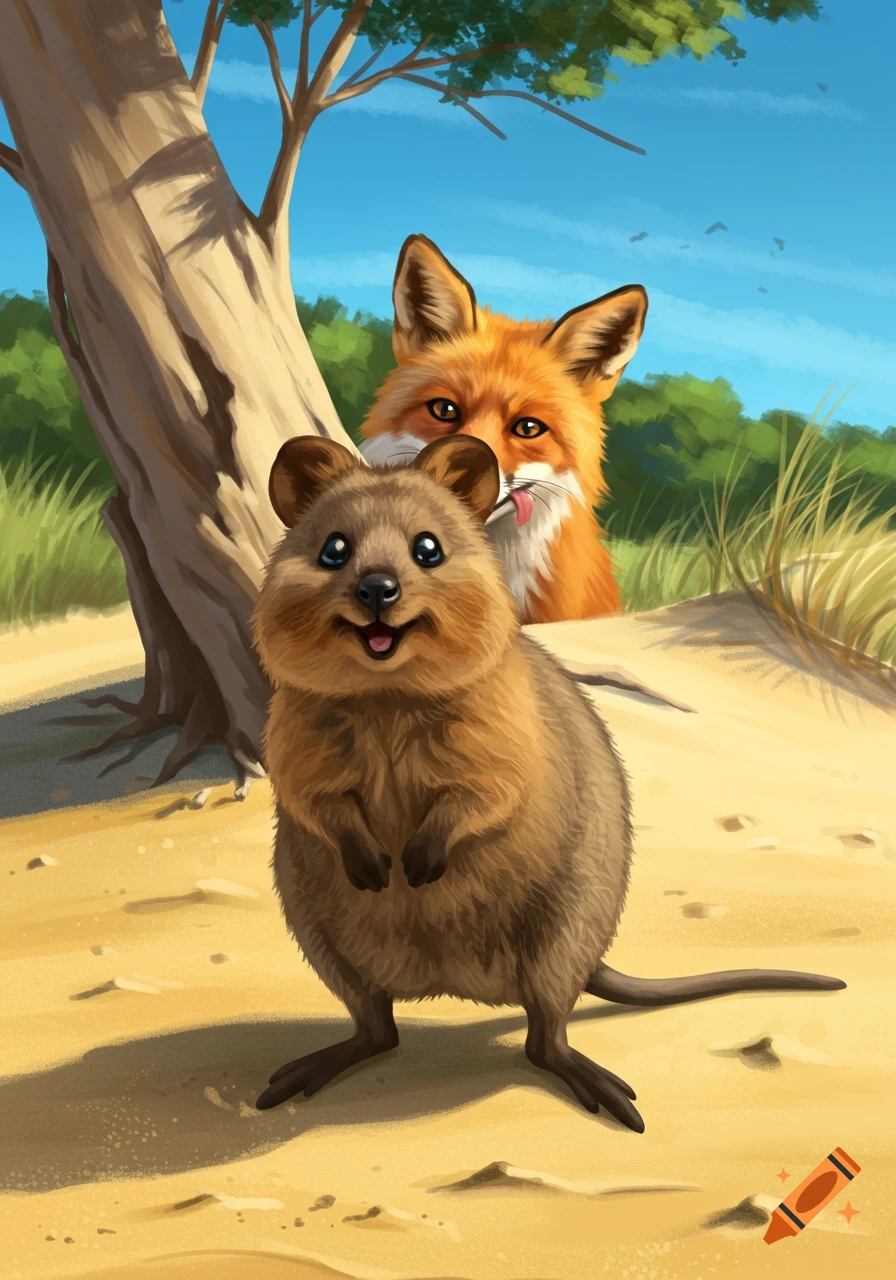 A happy quokka stands on a sandy beach, while a fox peeks from behind a tree, licking its lips, in a whimsical illustration.