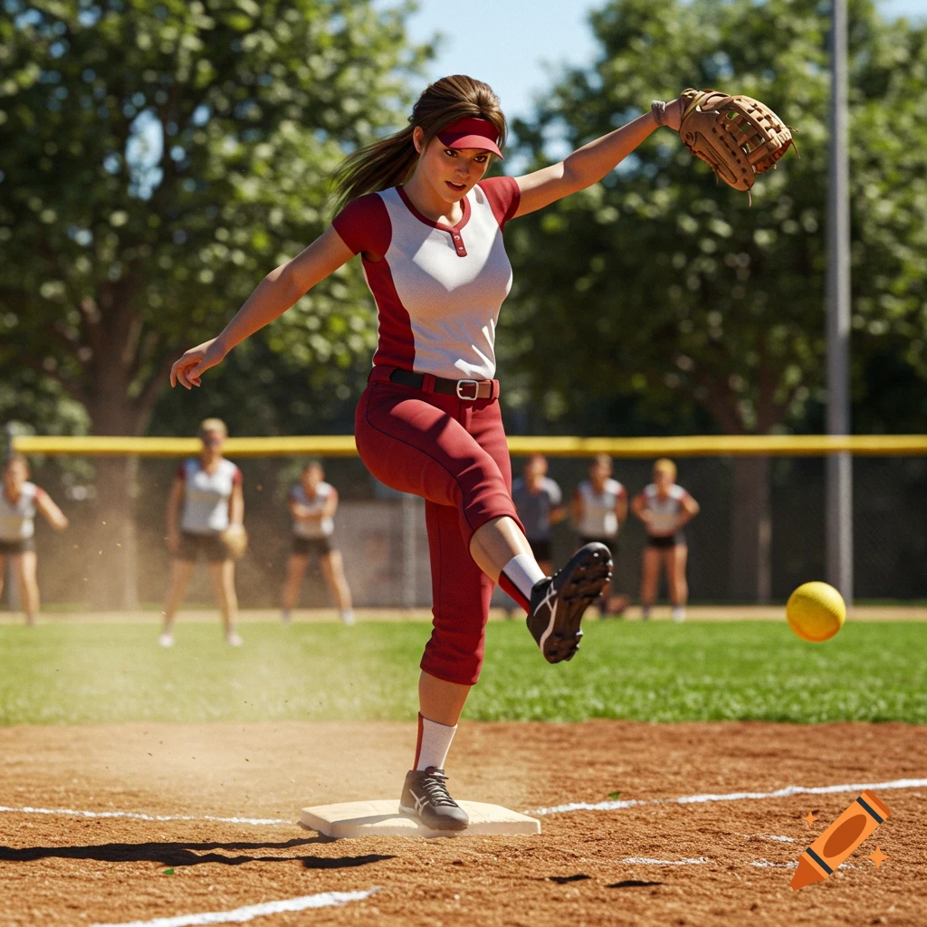 A female softball pitcher in a red and white uniform throws a yellow ball on a sunny field, with other players in the background, in a photorealistic style.