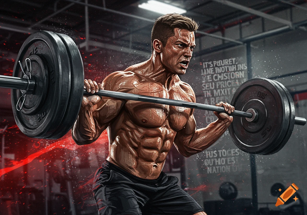A muscular man intensely lifts a barbell in a gym, depicted in a stylized illustration with red accent splatters.