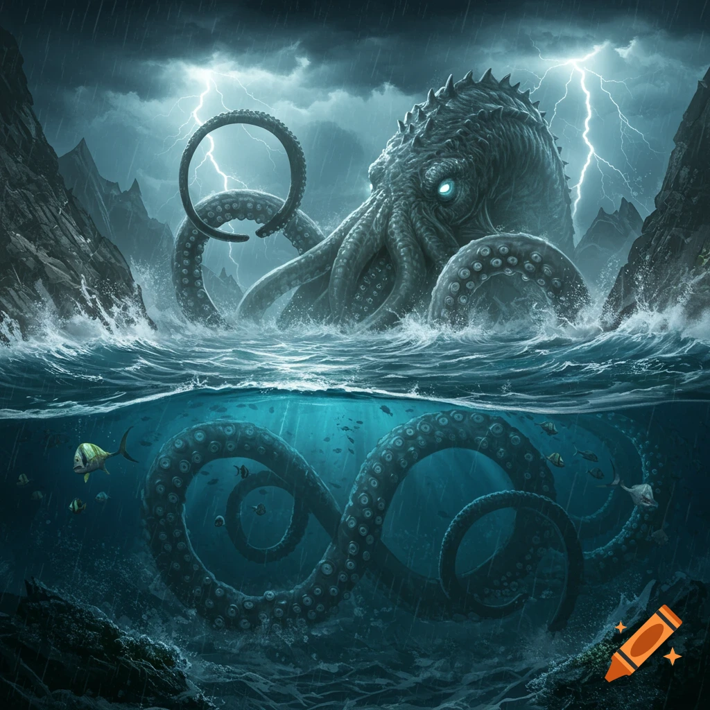 A massive kraken with glowing eyes rises from stormy ocean waves under a lightning-filled sky, its tentacles visible above and below.