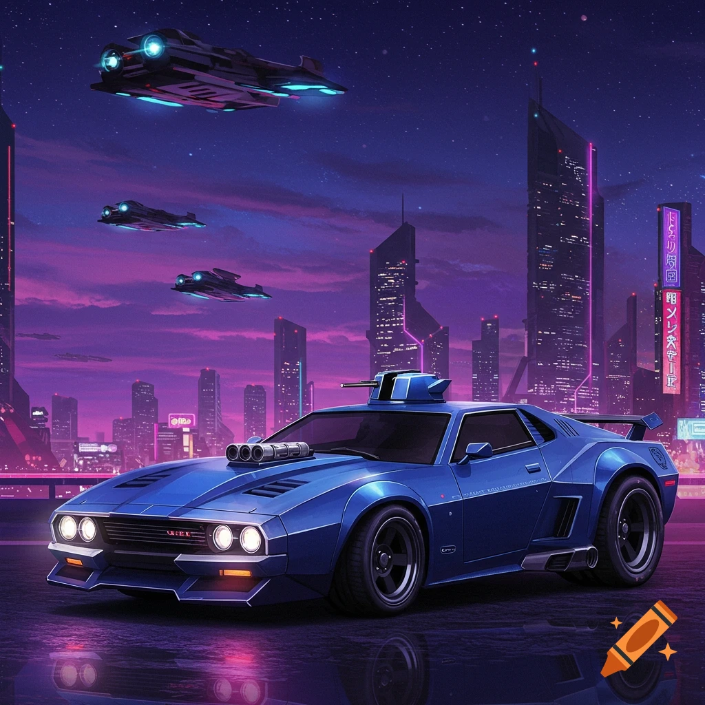 A blue futuristic car on a wet street in a neon-lit cyberpunk city at night with flying vehicles overhead.