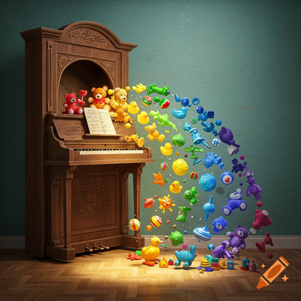 A wooden upright piano in a room with teal walls, from which a rainbow-shaped cascade of colorful toys flows onto the wooden floor.