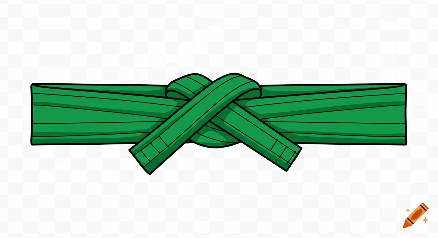 A flat digital vector illustration of a green martial arts belt tied in a knot on a transparent background.