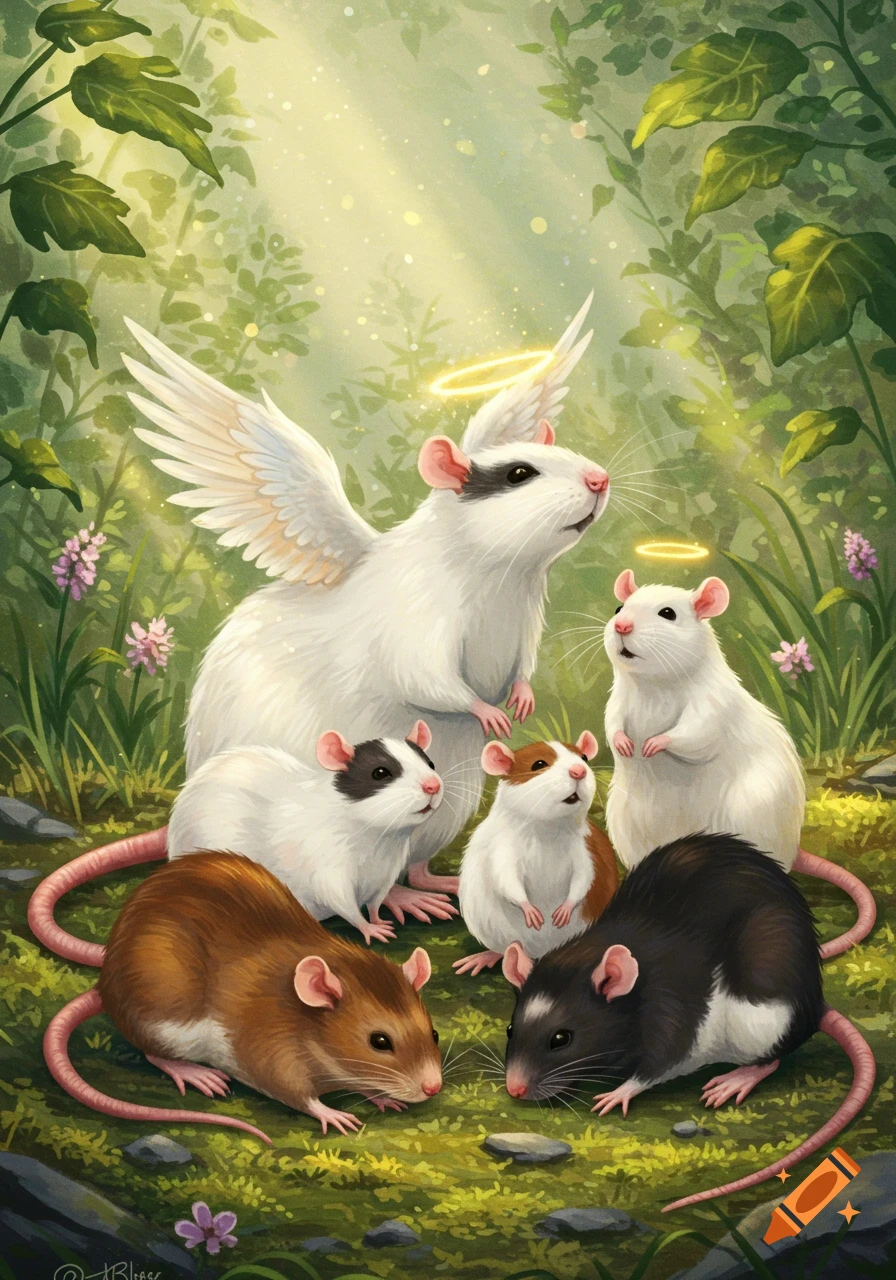 A whimsical digital painting of five rats in a forest, one large white with angel wings and a halo, surrounded by smaller rats of various colors on a mossy ground.