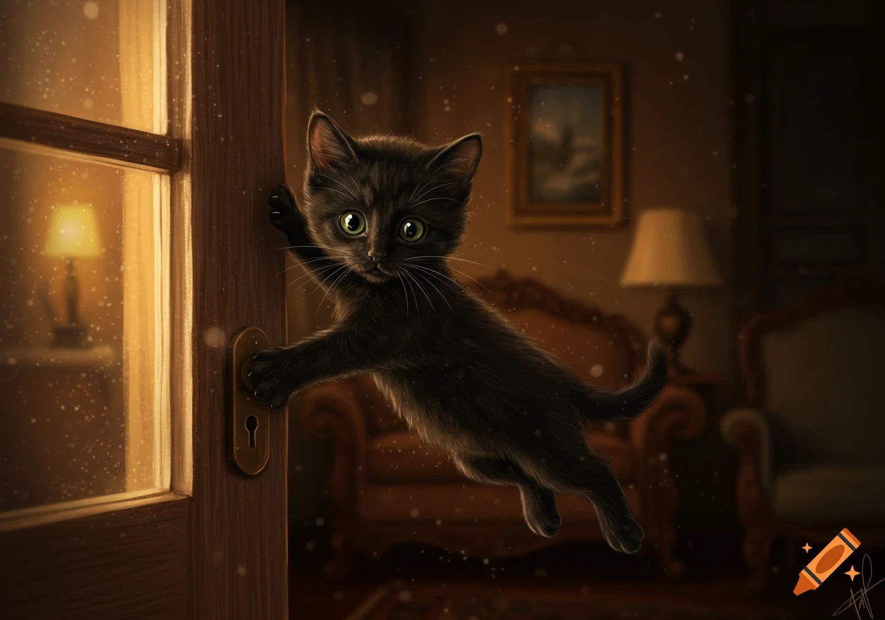 A cute black kitten with large green eyes playfully reaches for a wooden door handle, its body suspended mid-air in a dimly lit room, digital art.