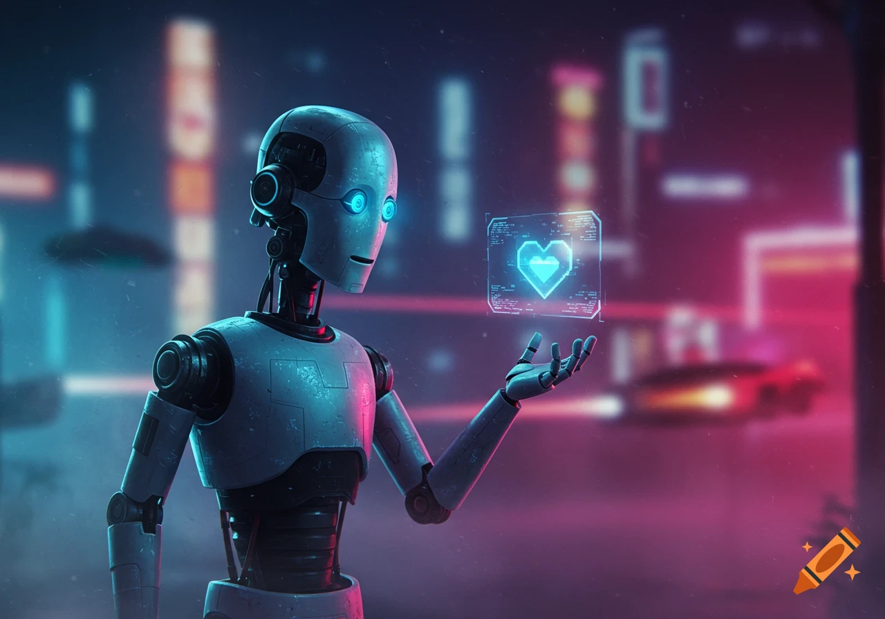 A futuristic robot in a neon-lit cyberpunk city, holding a glowing blue holographic heart icon.