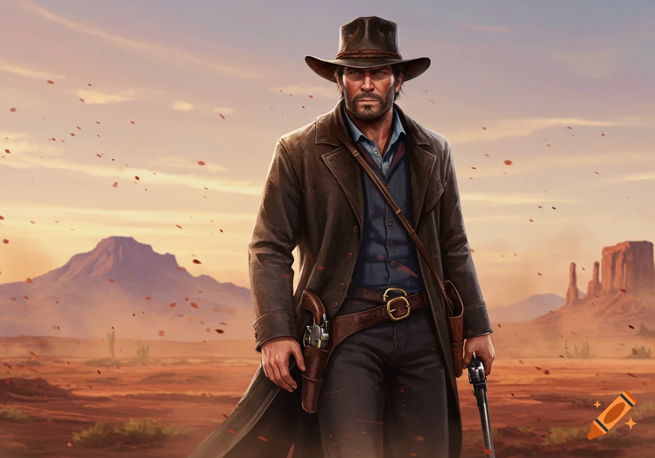 A rugged cowboy in a long brown coat and hat, holding a revolver, stands in a dusty desert landscape at sunset.