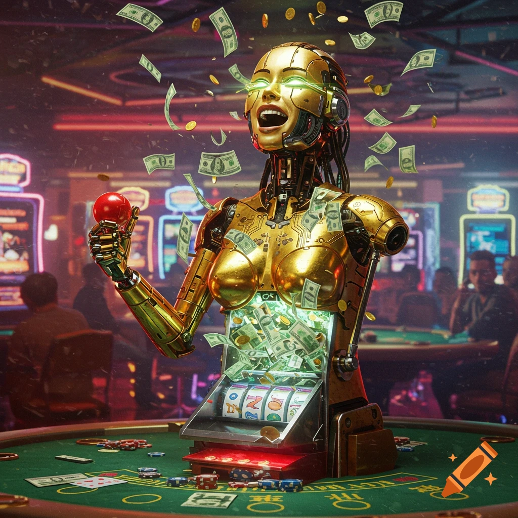 A golden, cyberized robot torso with a screaming face and glowing green eyes, celebrates a jackpot with money exploding from a slot machine in its chest inside a neon-lit casino.