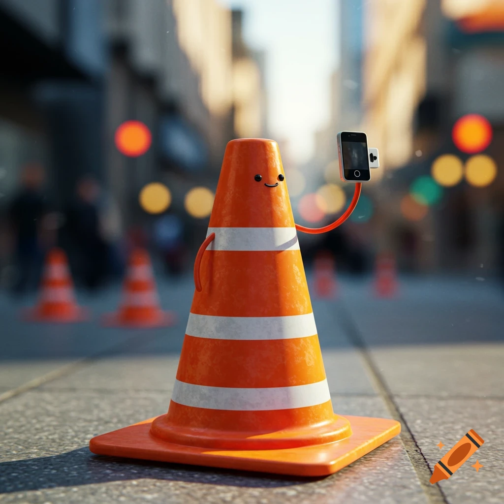 A cute orange traffic cone with a smiling face takes a selfie with a smartphone on a city sidewalk.
