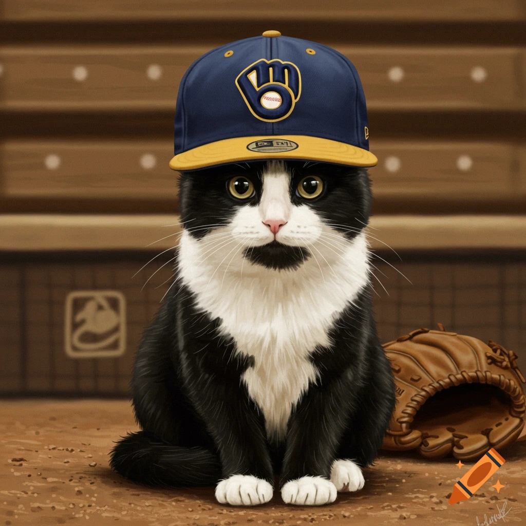 A black and white cat wearing a blue and yellow Milwaukee Brewers baseball cap, sitting beside a brown baseball glove.