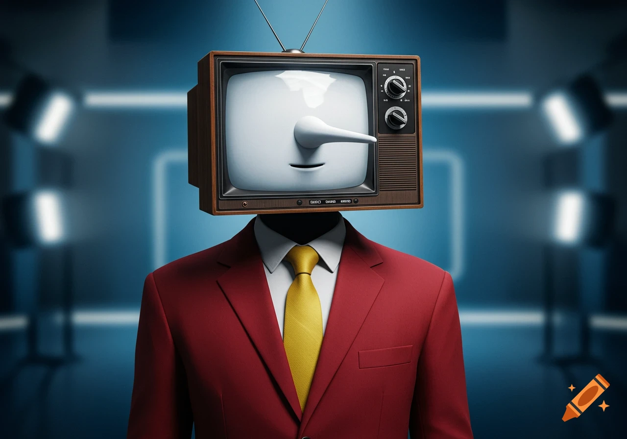 A figure in a red suit and yellow tie with a vintage TV for a head, featuring a long Pinocchio-like nose on its screen.