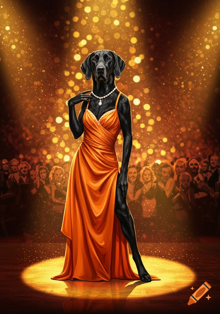 Black dog in an orange dress and pearl necklace poses under a spotlight on a stage with a blurred audience.
