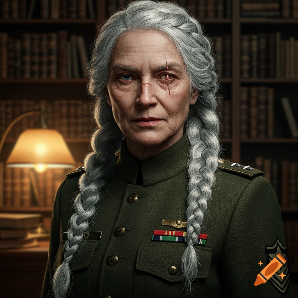 A photorealistic portrait of an elderly woman in a green military uniform, with long silver braided hair and a scar across her right eye, standing in a library.