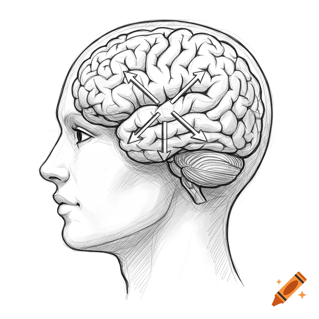 Black and white sketch of a human head in profile, showing the brain with arrows pointing to different areas.