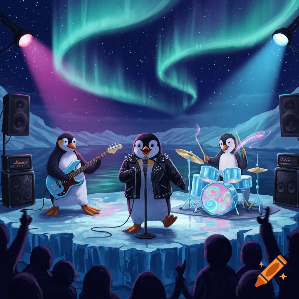 A cartoon penguin rock band performs on an icy stage under the aurora borealis to an audience.