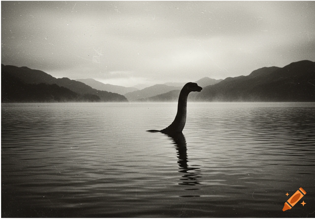 A blurry, vintage black and white photo of the Loch Ness monster's head and neck emerging from a misty lake surrounded by mountains.