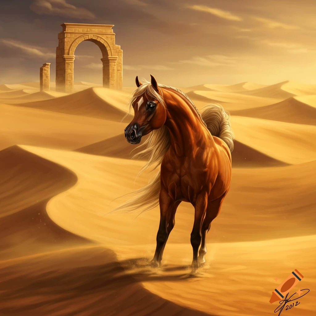 A majestic brown horse with a long, flowing mane stands in a golden desert with rolling dunes and ancient archway ruins under a dramatic sky.