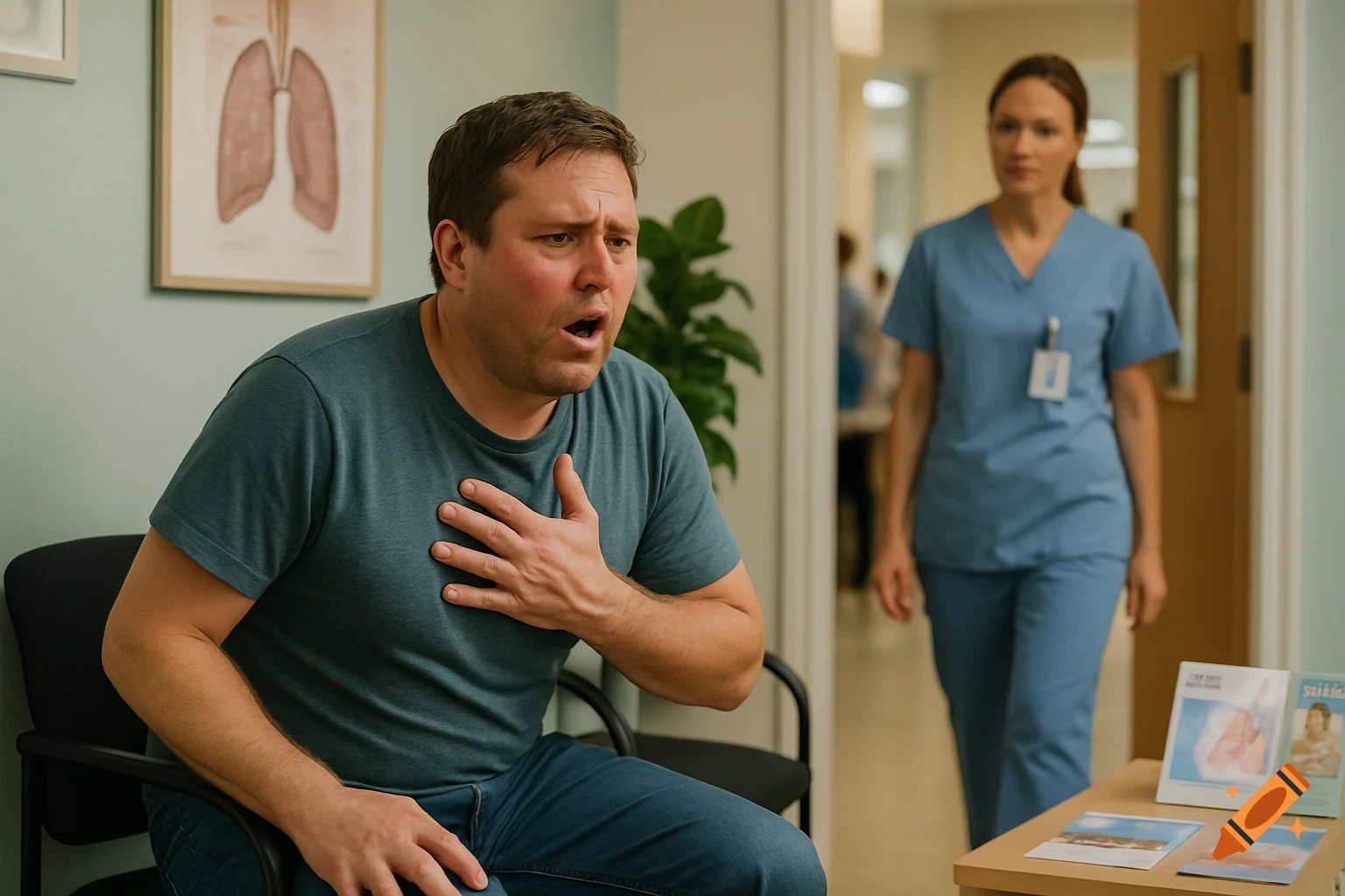 A distressed man clutching his chest in a doctor's waiting room, struggling to breathe, with a concerned nurse approaching in the background.