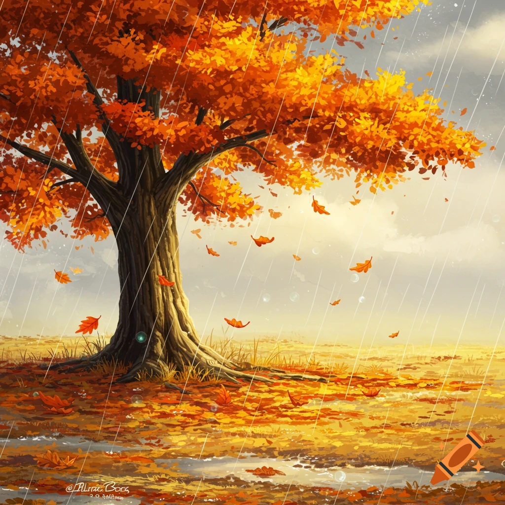 A vibrant autumn tree with falling orange leaves stands in a rainy landscape with puddles on the ground, in an illustrated style.