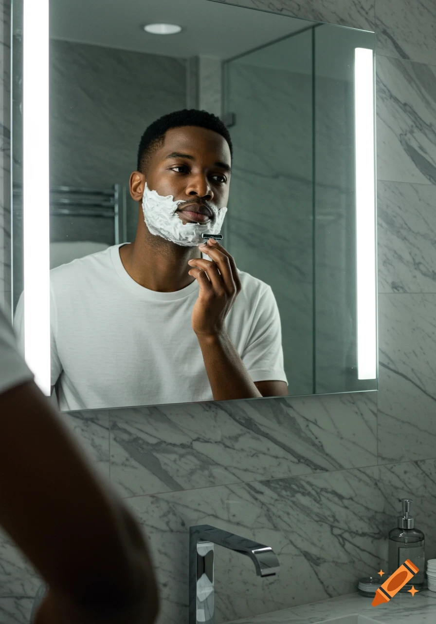 A Black man shaves, his face covered in cream, looking into a brightly lit bathroom mirror with a razor in hand.
