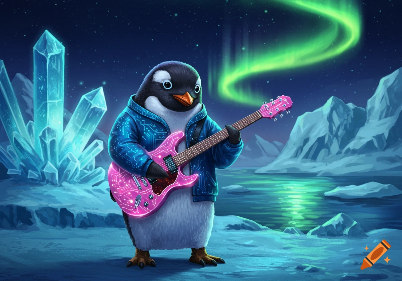 A cartoon penguin with a circuit board jacket plays a pink electric guitar on an icy landscape with large crystals and aurora borealis.