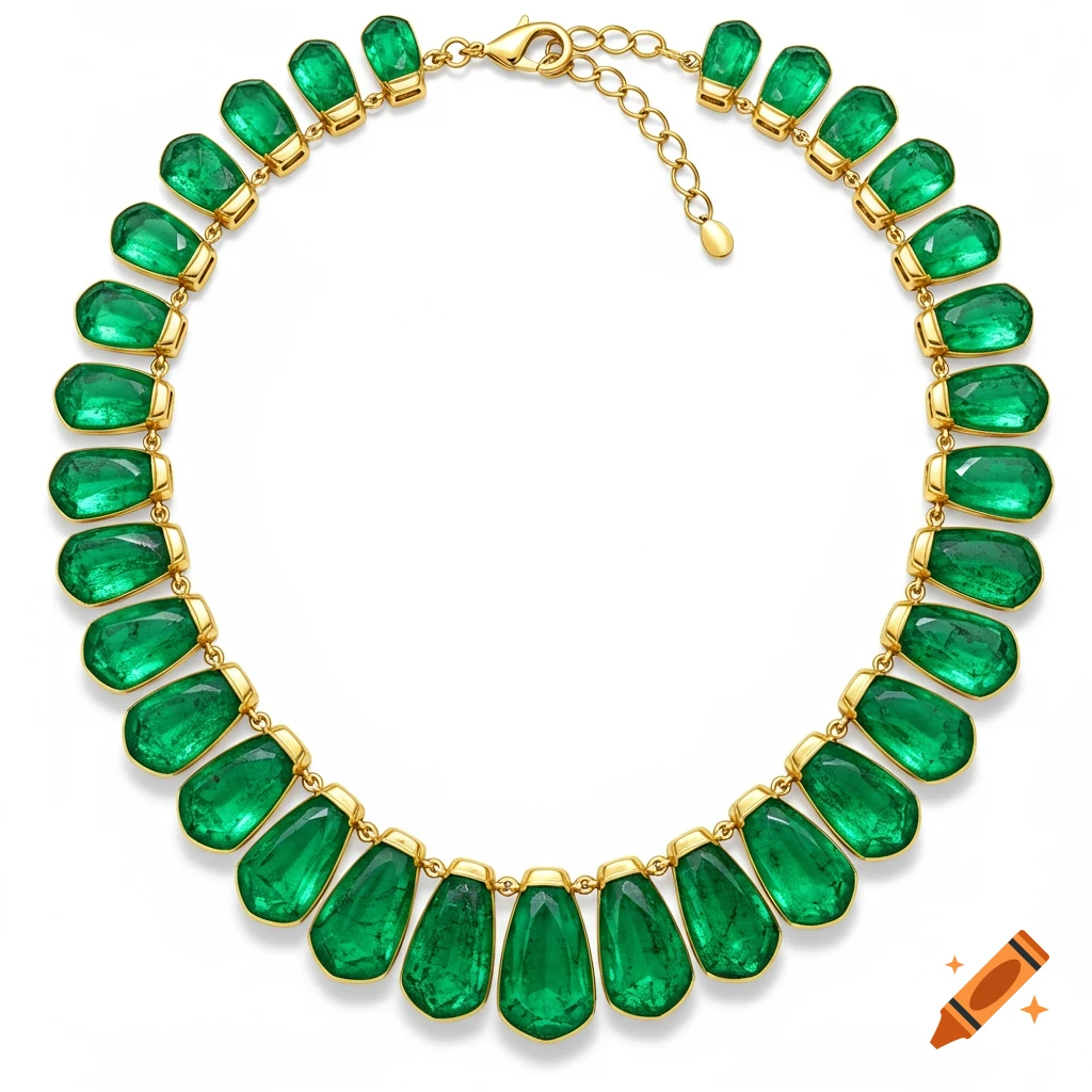 A gold necklace featuring numerous teardrop-shaped green emeralds, displayed against a clean white background.