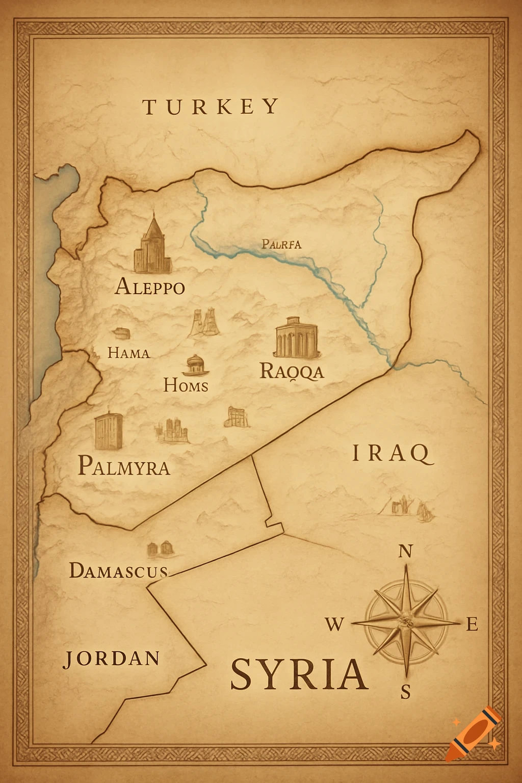 Vintage style map of Syria, showing neighboring countries, major cities, rivers, and a compass rose.