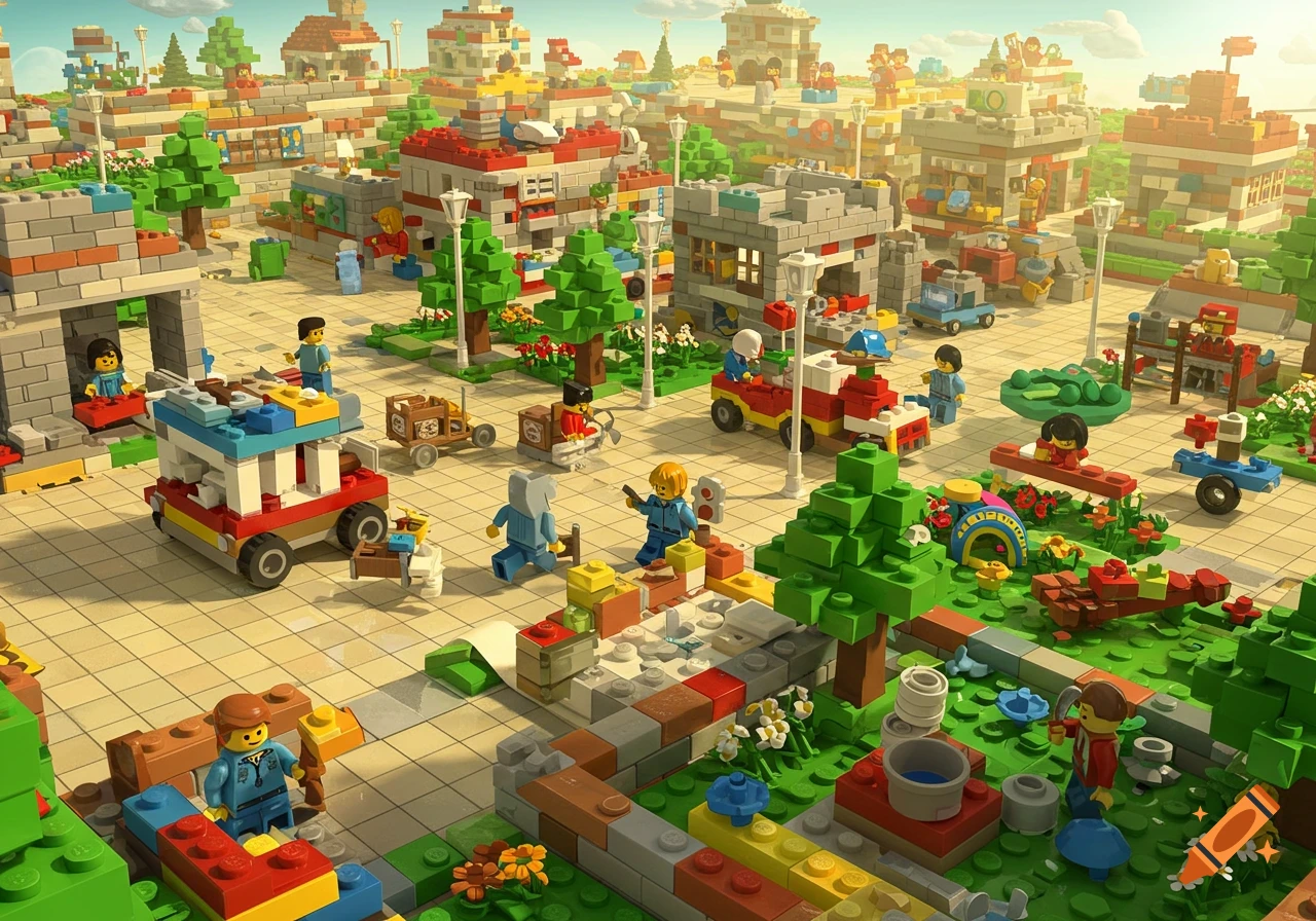 A vibrant, expansive Lego-inspired city scene with colorful block buildings, numerous minifigure characters, vehicles, trees, and pathways.