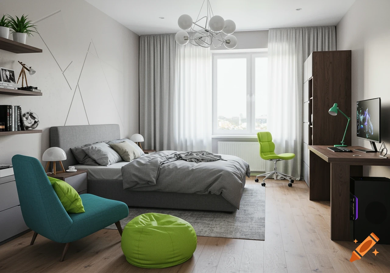 Modern bedroom with a grey bed, a teal armchair, a lime green beanbag, and a desk with a computer.