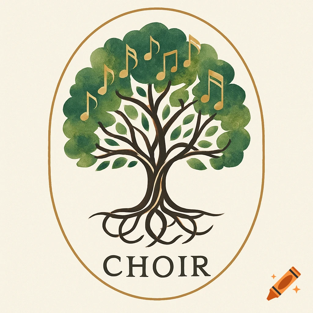 A watercolor-style logo featuring a tree with golden musical notes in its green foliage, with the word "CHOIR" below, all within a golden oval frame.