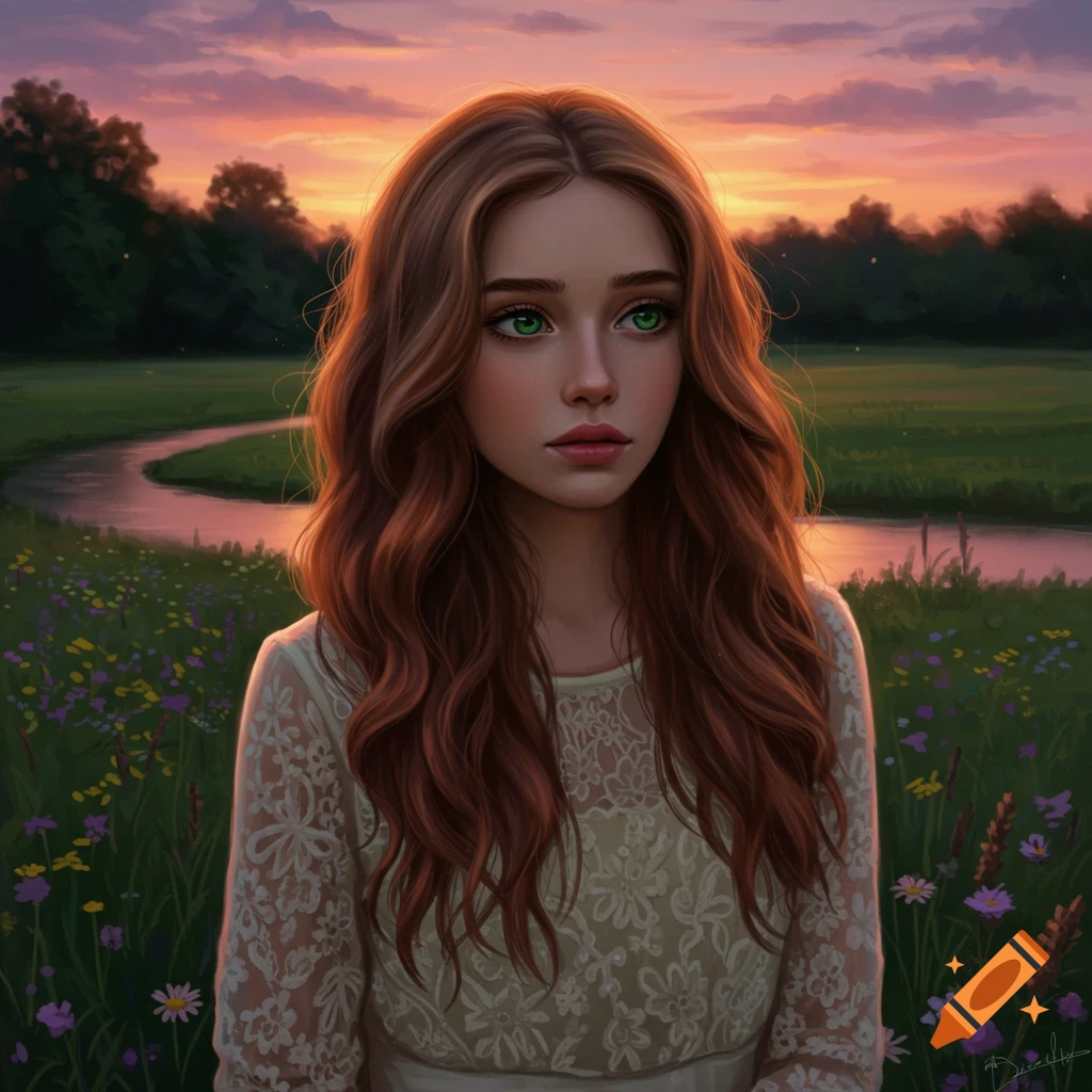 A beautiful girl with long brown hair and green eyes in a lace dress in a flower meadow at sunset.