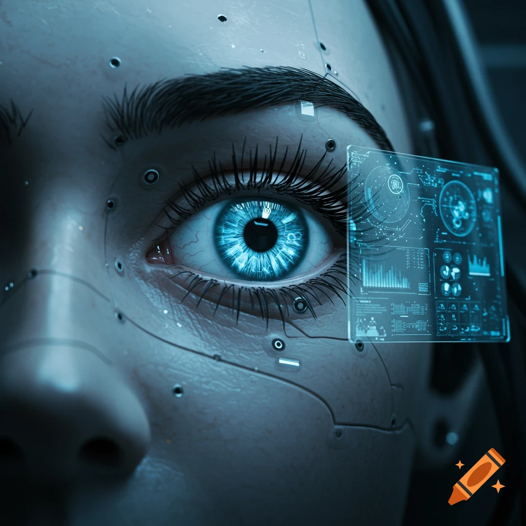 Close-up of a human eye with glowing blue iris, cybernetic enhancements, and a holographic interface displaying data, in a sci-fi style.