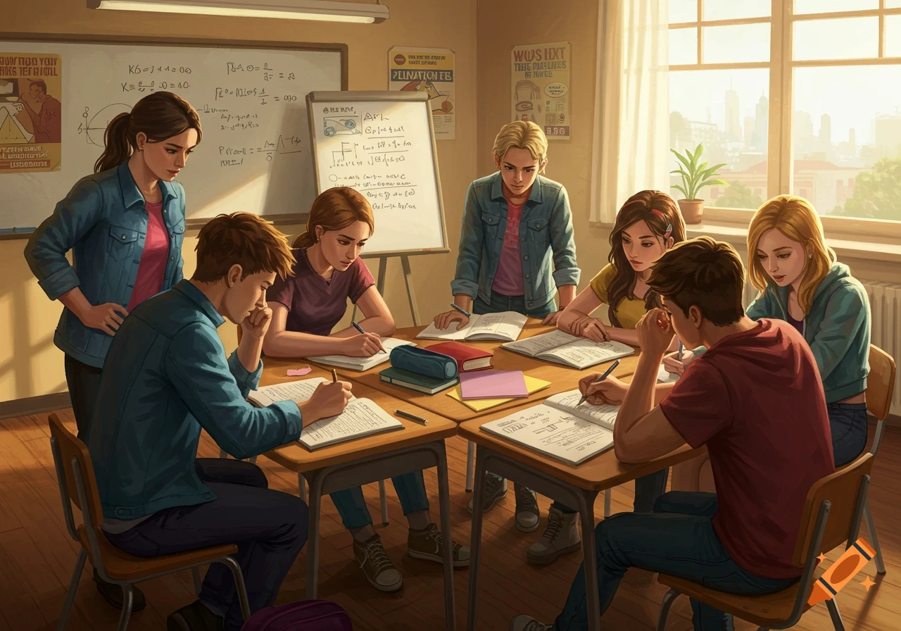 Digital painting of diverse students studying at tables in a bright classroom with whiteboards and a sunny window.