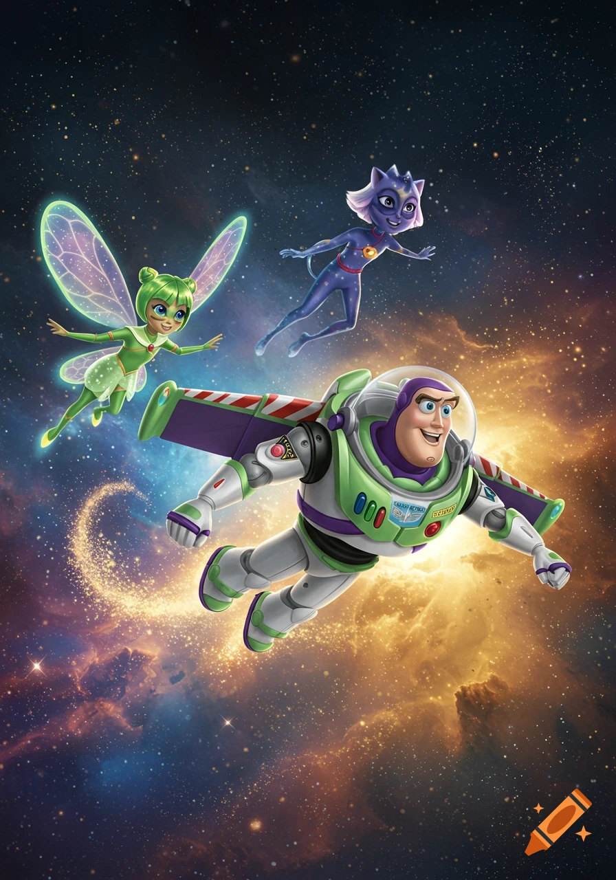 Buzz Lightyear, a green fairy, and a purple cat-like superhero fly through a starry space with colorful nebulae.