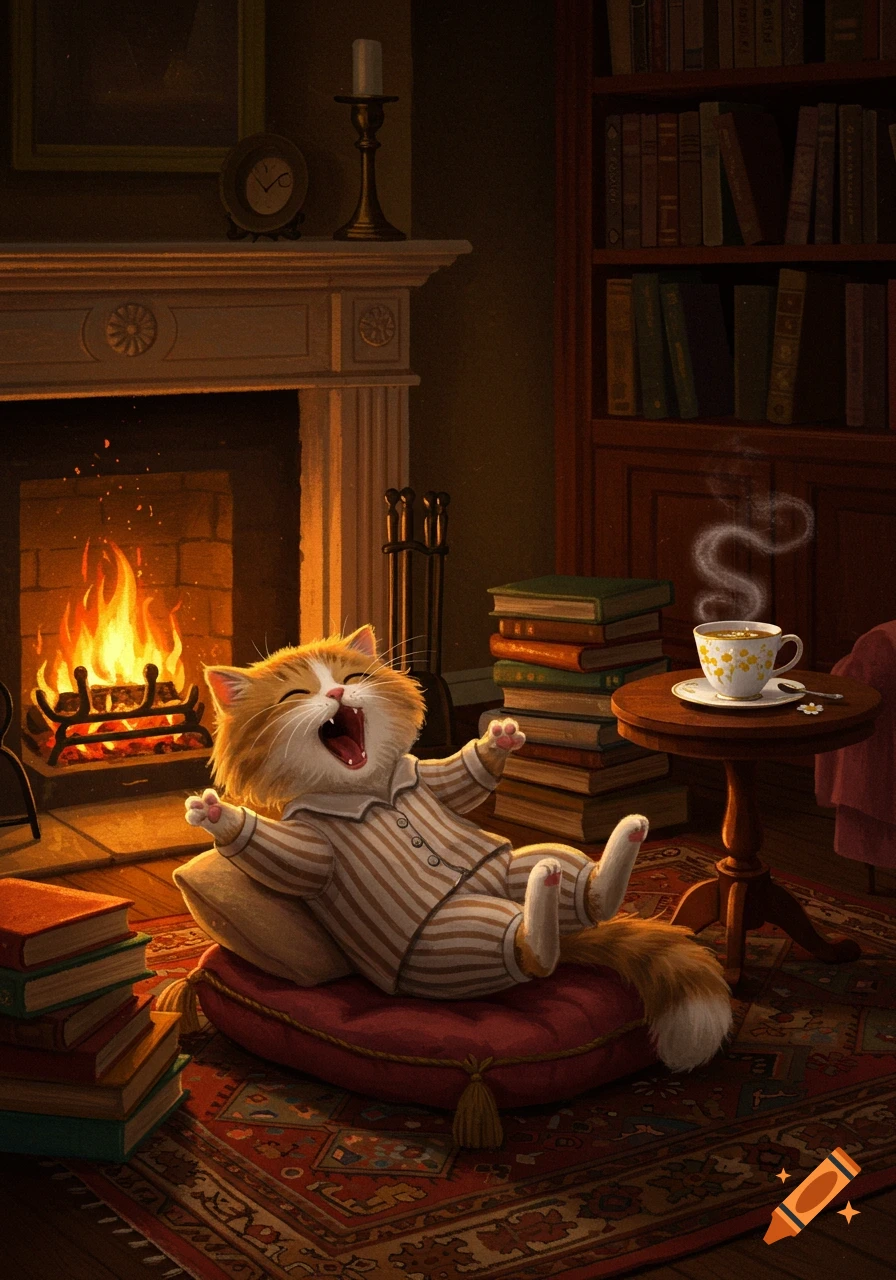 A happy, cartoon cat in striped pajamas lies on a cushion, yawning by a cozy fireplace with a bookshelf and steaming cup.
