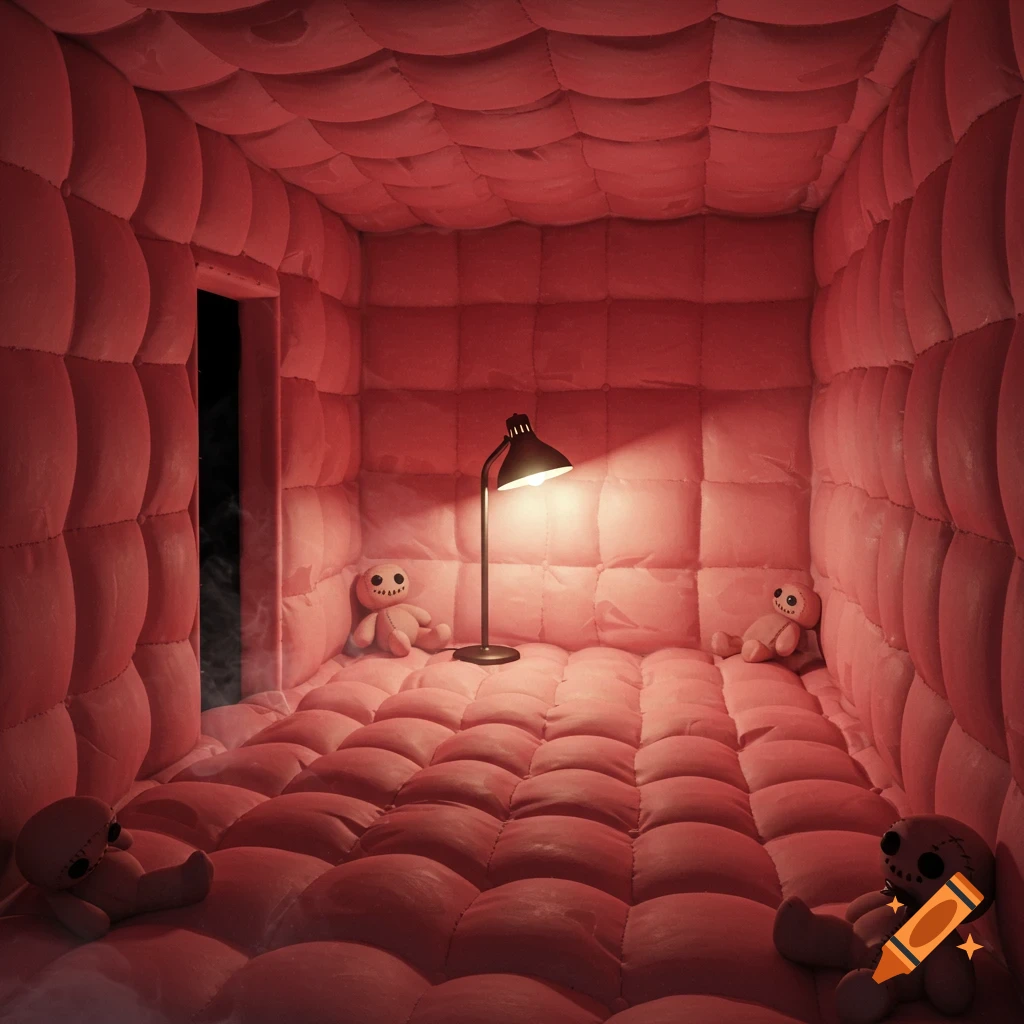 A red padded room with a single lamp casting a glow, and three creepy doll figures sitting on the floor, one near a dark doorway.