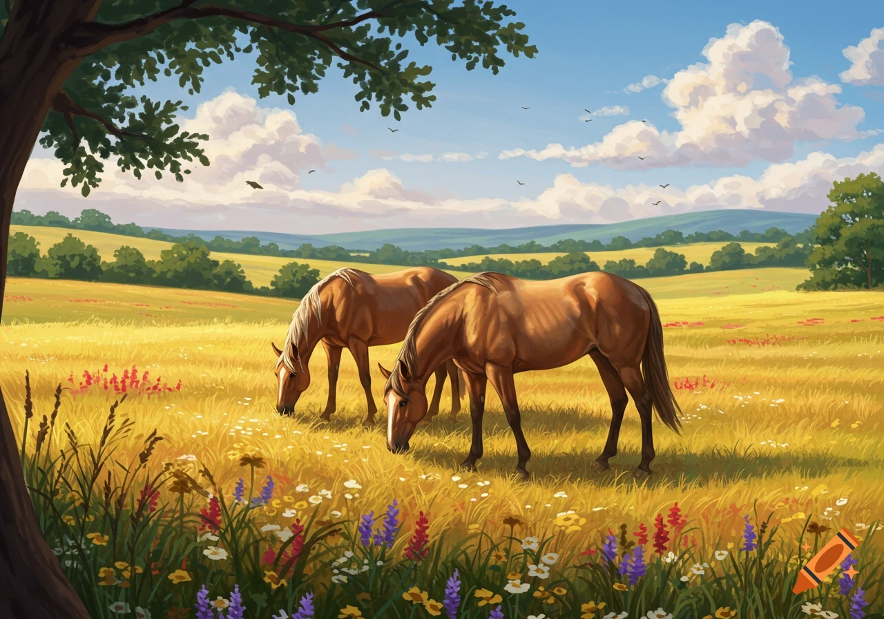 Two brown horses graze in a golden field with wildflowers under a blue sky, rendered in a painterly style.