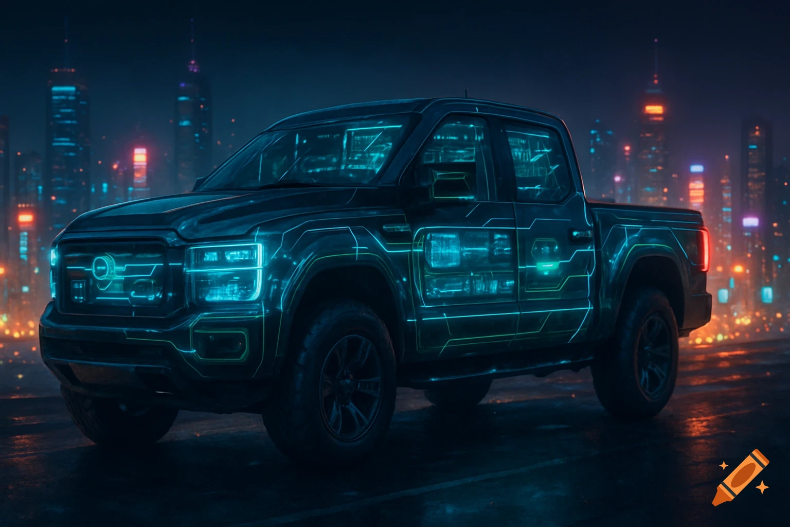 A futuristic black truck with glowing blue and green circuit lines on its body, parked in a dark city at night.
