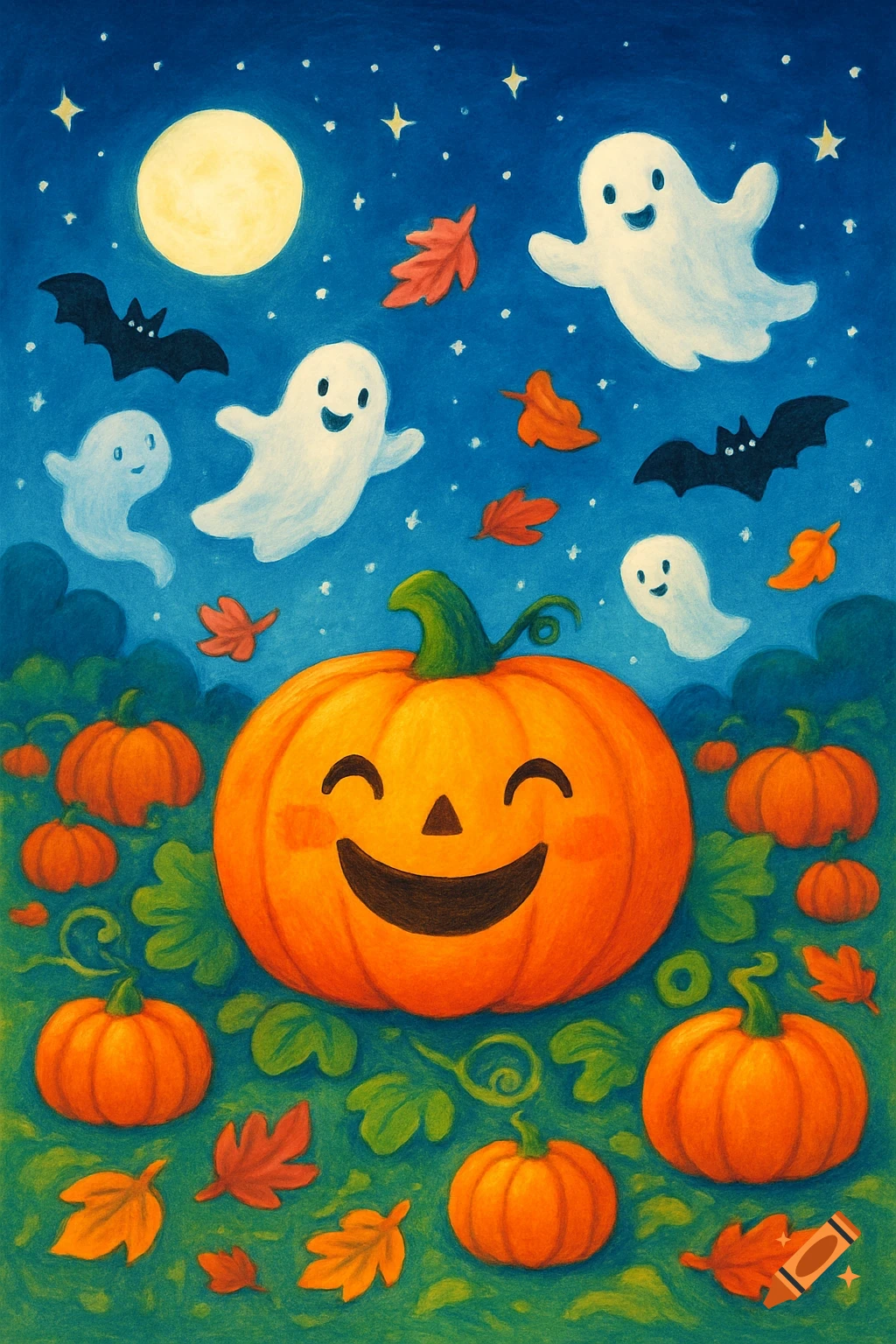 Whimsical Halloween illustration featuring a smiling jack-o'-lantern, ghosts, bats, and autumn leaves under a full moon.